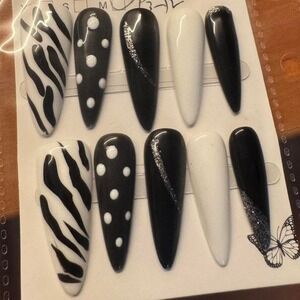 Press‎ On Nails Black White Zebra Polka Dot Stiletto False Nail Set Manicure